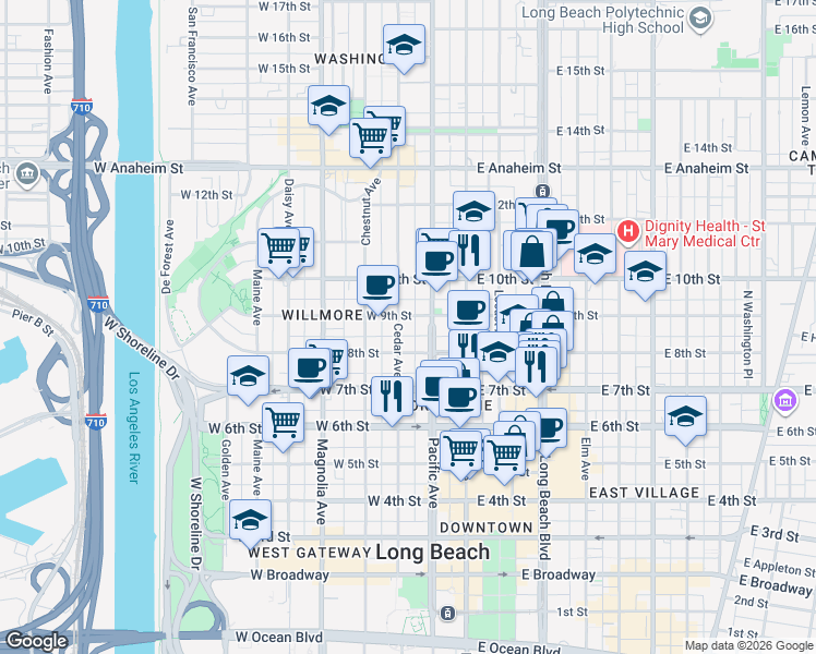 map of restaurants, bars, coffee shops, grocery stores, and more near 840 Cedar Avenue in Long Beach