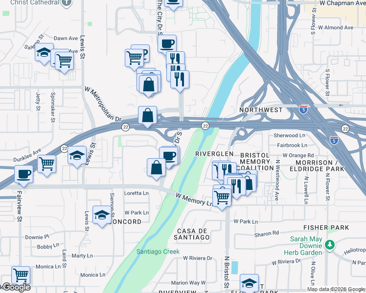 map of restaurants, bars, coffee shops, grocery stores, and more near 625 The City Drive South in Orange