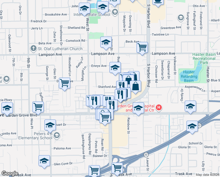 map of restaurants, bars, coffee shops, grocery stores, and more near 12162 Stanford Avenue in Garden Grove