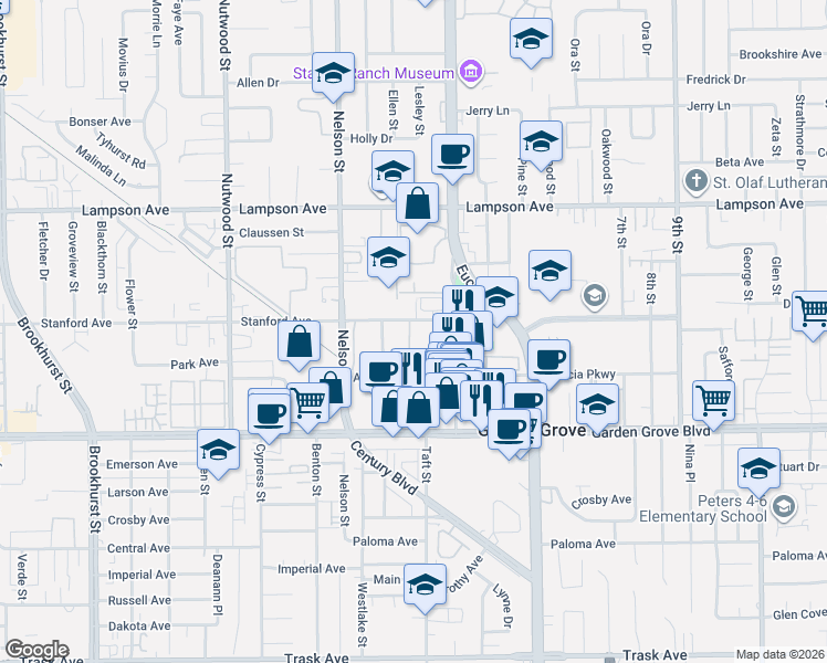 map of restaurants, bars, coffee shops, grocery stores, and more near 10882 Stanford Avenue in Garden Grove