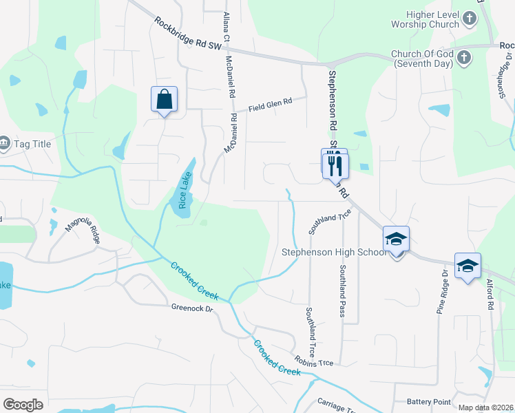 map of restaurants, bars, coffee shops, grocery stores, and more near 6251 Southland Forest Drive in Stone Mountain