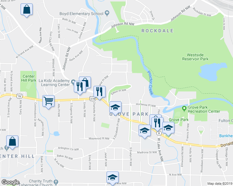 map of restaurants, bars, coffee shops, grocery stores, and more near 17 Edwin Place Northwest in Atlanta