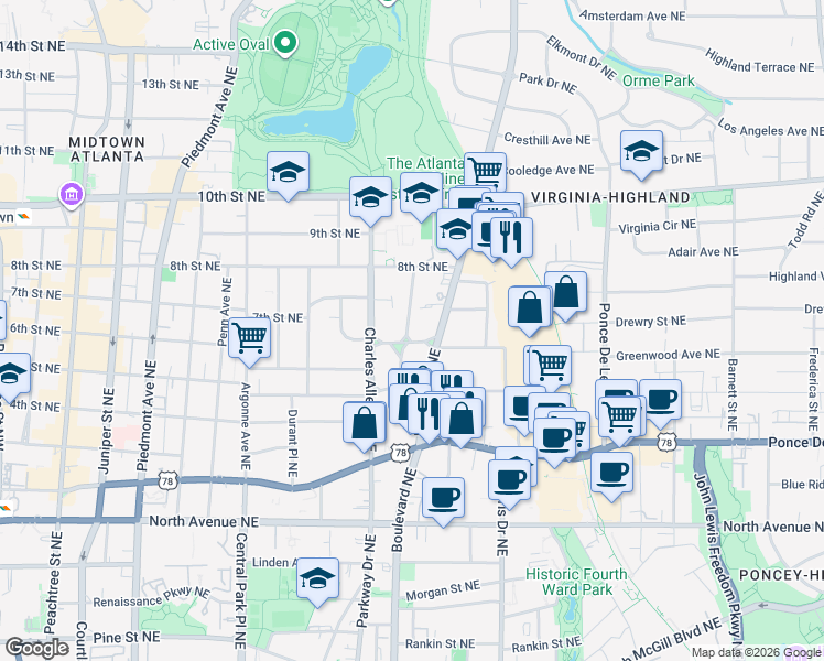 map of restaurants, bars, coffee shops, grocery stores, and more near in Atlanta