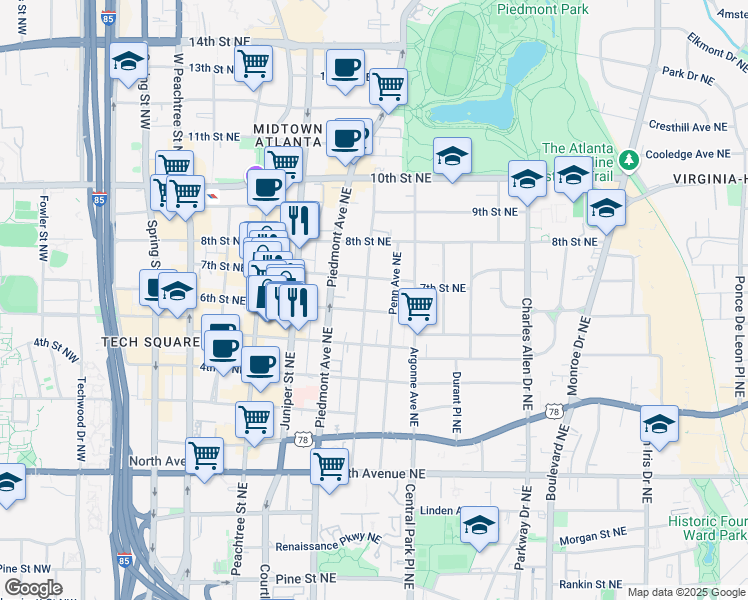 map of restaurants, bars, coffee shops, grocery stores, and more near 815 Myrtle Street Northeast in Atlanta