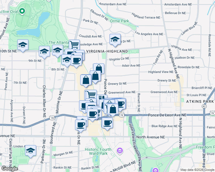 map of restaurants, bars, coffee shops, grocery stores, and more near 833 Ponce De Leon Place Northeast in Atlanta