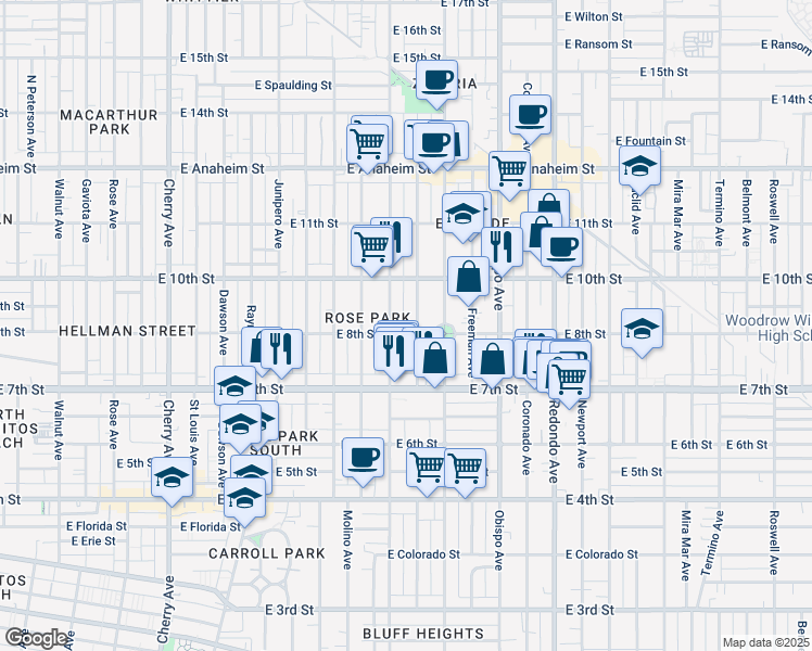 map of restaurants, bars, coffee shops, grocery stores, and more near 815 Gladys Avenue in Long Beach