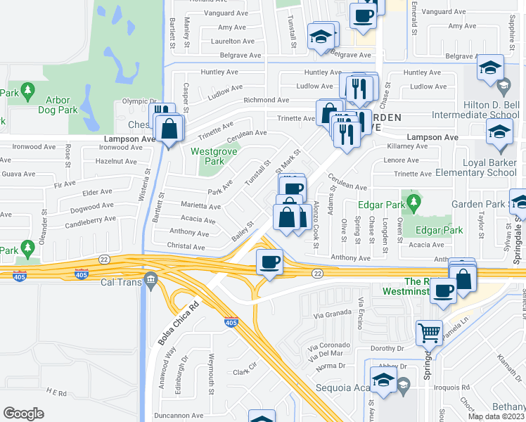 map of restaurants, bars, coffee shops, grocery stores, and more near Tiffany Avenue in Garden Grove