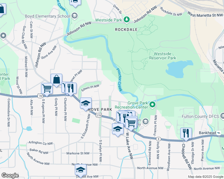 map of restaurants, bars, coffee shops, grocery stores, and more near 826 Gertrude Place Northwest in Atlanta