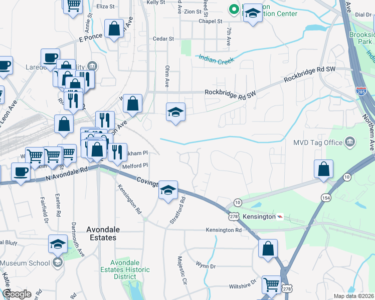 map of restaurants, bars, coffee shops, grocery stores, and more near 632 Stratford Green in Avondale Estates