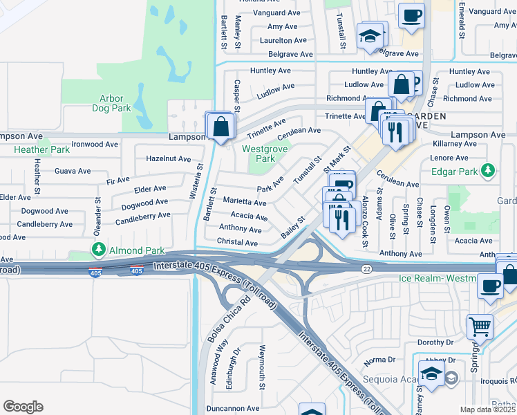 map of restaurants, bars, coffee shops, grocery stores, and more near 5382 Marietta Avenue in Garden Grove