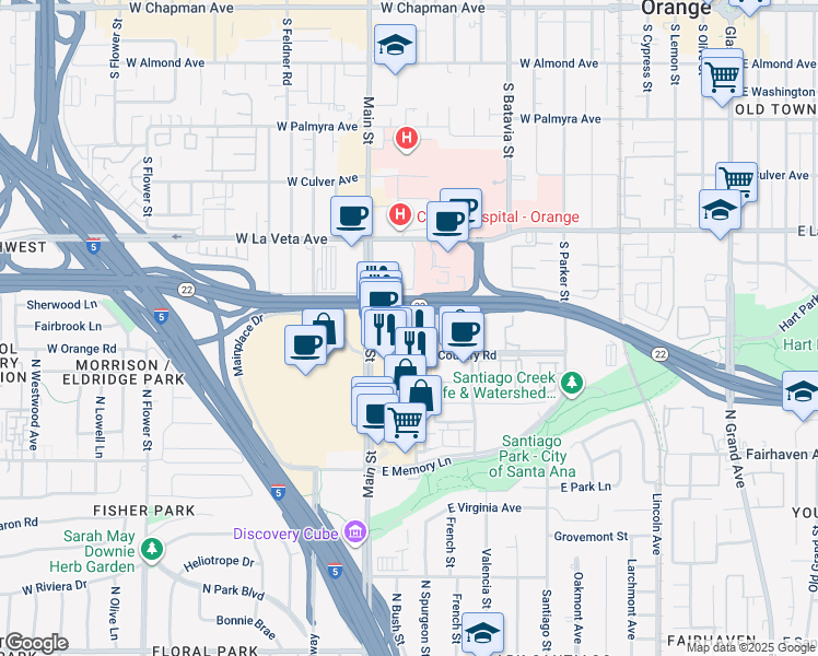map of restaurants, bars, coffee shops, grocery stores, and more near 1235 Town and Country Road in Orange