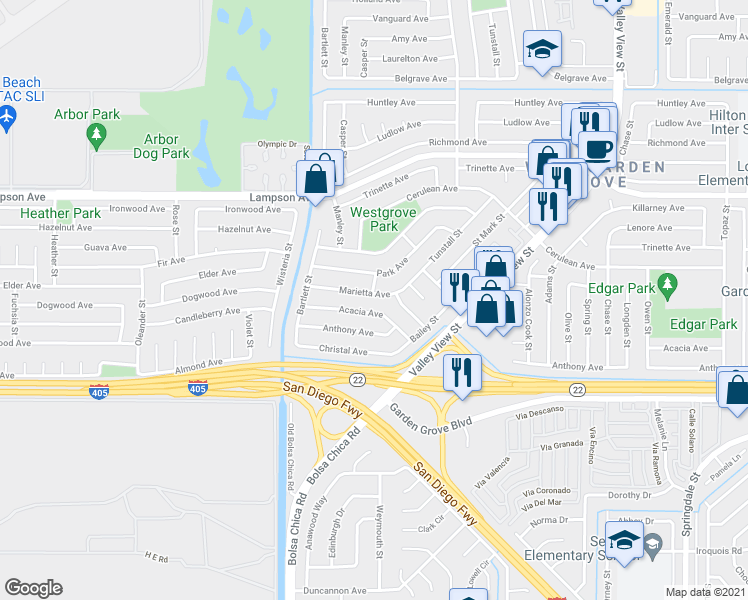 map of restaurants, bars, coffee shops, grocery stores, and more near 5382 Marietta Avenue in Garden Grove