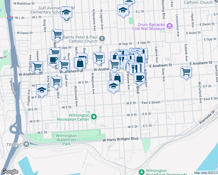 map of restaurants, bars, coffee shops, grocery stores, and more near 625 Island Avenue in Los Angeles