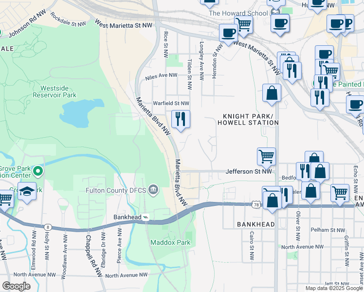 map of restaurants, bars, coffee shops, grocery stores, and more near 895 Marietta Boulevard Northwest in Atlanta
