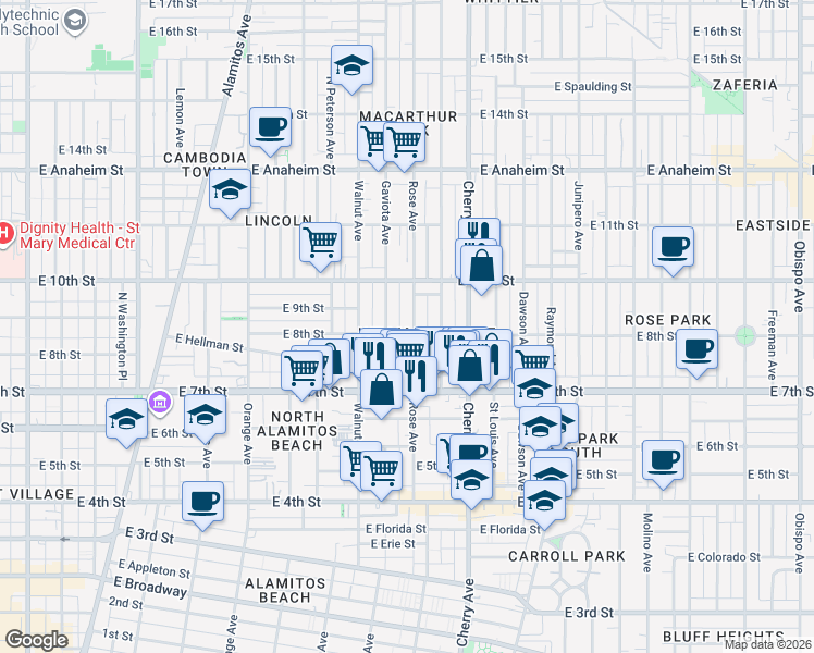 map of restaurants, bars, coffee shops, grocery stores, and more near 811 Rose Avenue in Long Beach