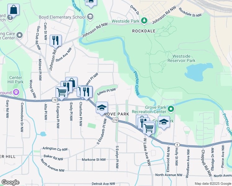 map of restaurants, bars, coffee shops, grocery stores, and more near 817 North Evelyn Place Northwest in Atlanta