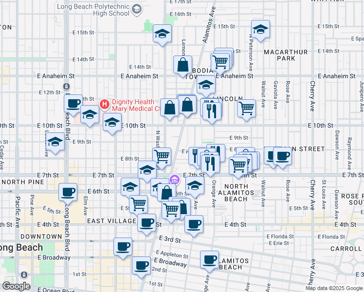 map of restaurants, bars, coffee shops, grocery stores, and more near 1012 East Hellman Street in Long Beach