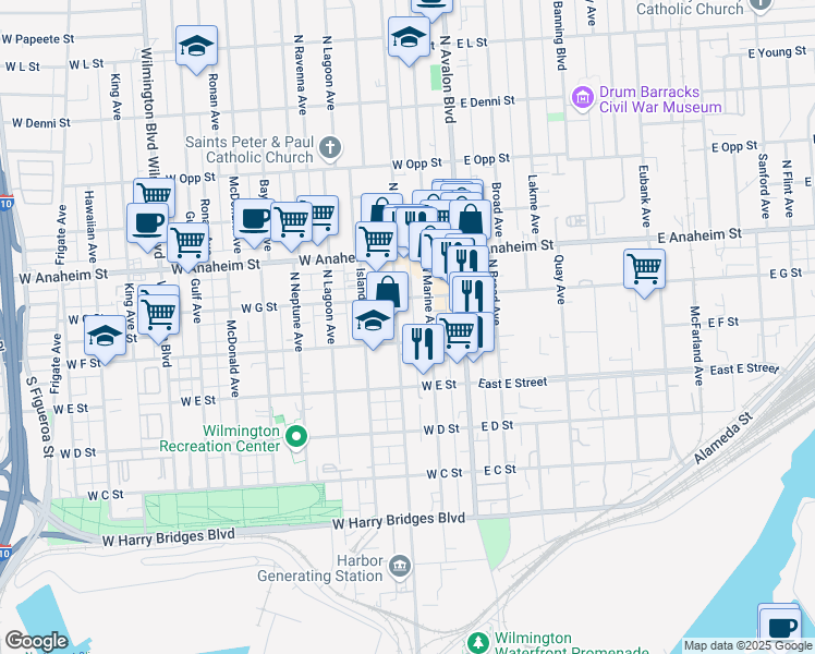 map of restaurants, bars, coffee shops, grocery stores, and more near 226 1/2 West F Street in Los Angeles