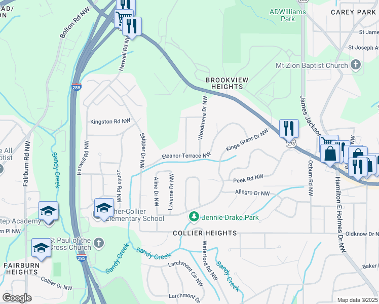 map of restaurants, bars, coffee shops, grocery stores, and more near 819 Venetta Place Northwest in Atlanta