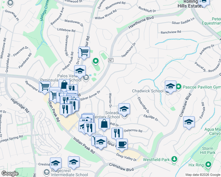 map of restaurants, bars, coffee shops, grocery stores, and more near 27322 Warrior Drive in Rancho Palos Verdes