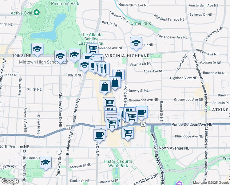 map of restaurants, bars, coffee shops, grocery stores, and more near 675 Drewry Street Northeast in Atlanta