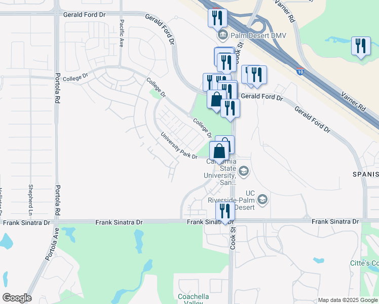 map of restaurants, bars, coffee shops, grocery stores, and more near University Park Drive in Palm Desert