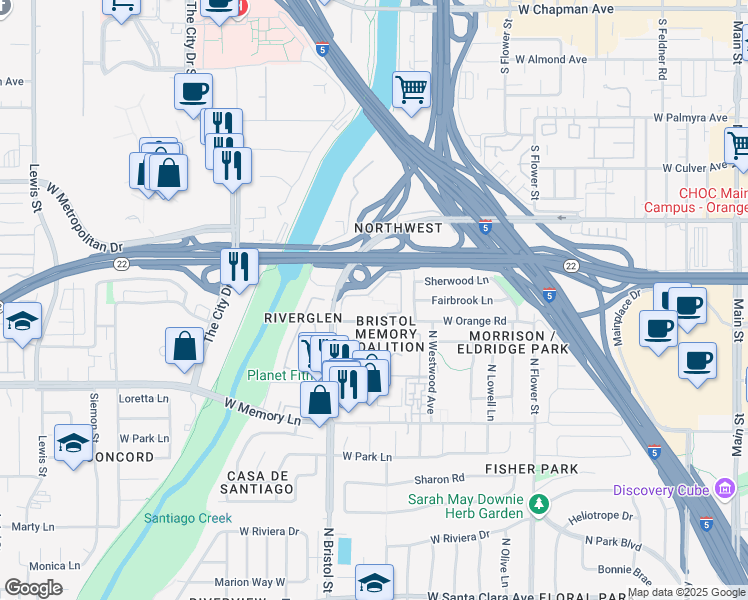 map of restaurants, bars, coffee shops, grocery stores, and more near 2915 North Bristol Street in Santa Ana
