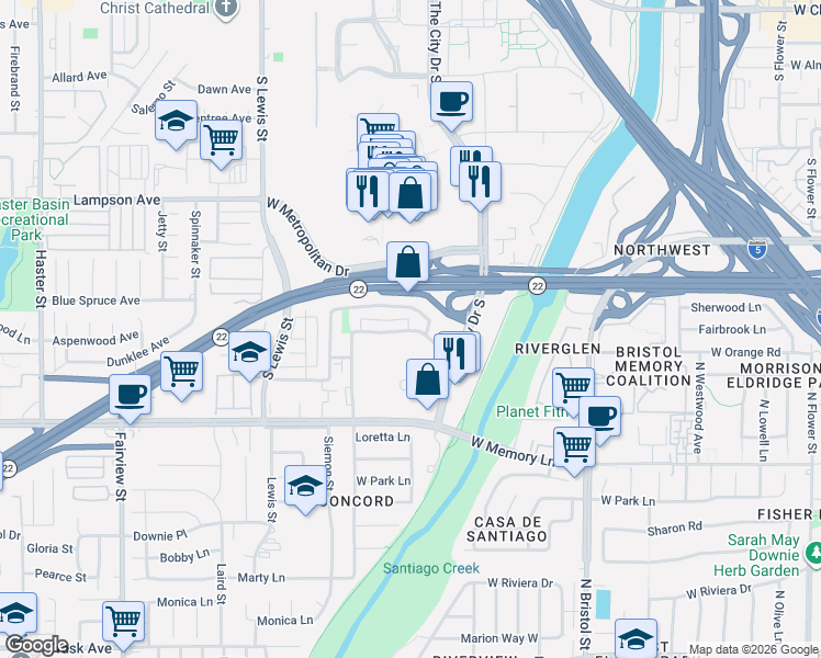 map of restaurants, bars, coffee shops, grocery stores, and more near 3445 West Park Central Avenue in Orange