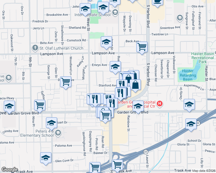 map of restaurants, bars, coffee shops, grocery stores, and more near 12131 Dunklee Lane in Garden Grove