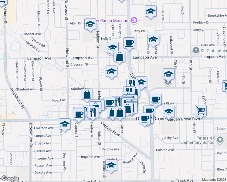 map of restaurants, bars, coffee shops, grocery stores, and more near 12792 Westlake Street in Garden Grove