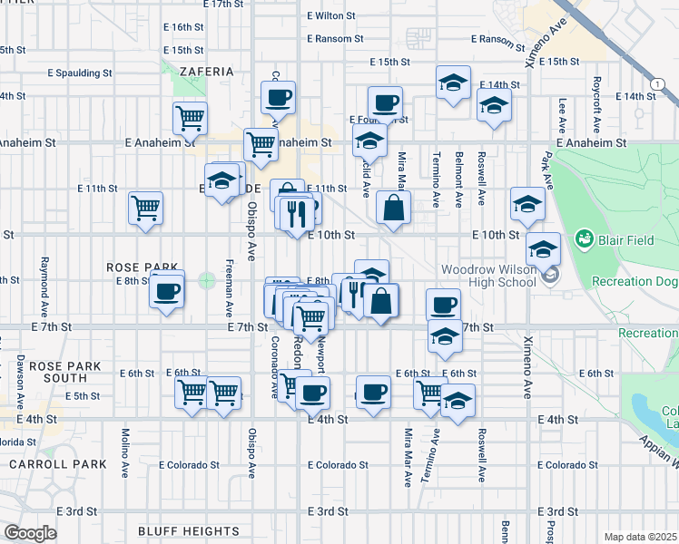 map of restaurants, bars, coffee shops, grocery stores, and more near 795 Loma Avenue in Long Beach
