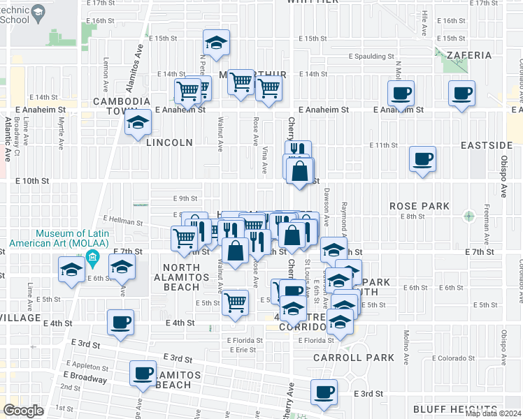 map of restaurants, bars, coffee shops, grocery stores, and more near in Long Beach