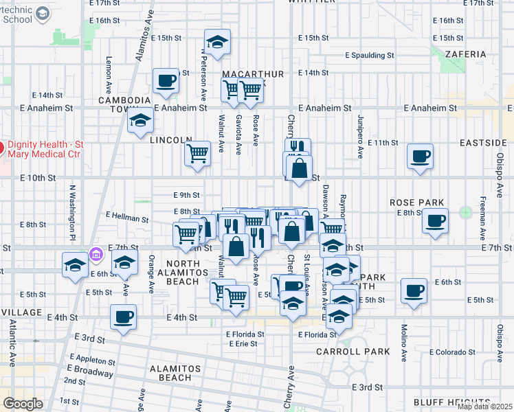 map of restaurants, bars, coffee shops, grocery stores, and more near in Long Beach
