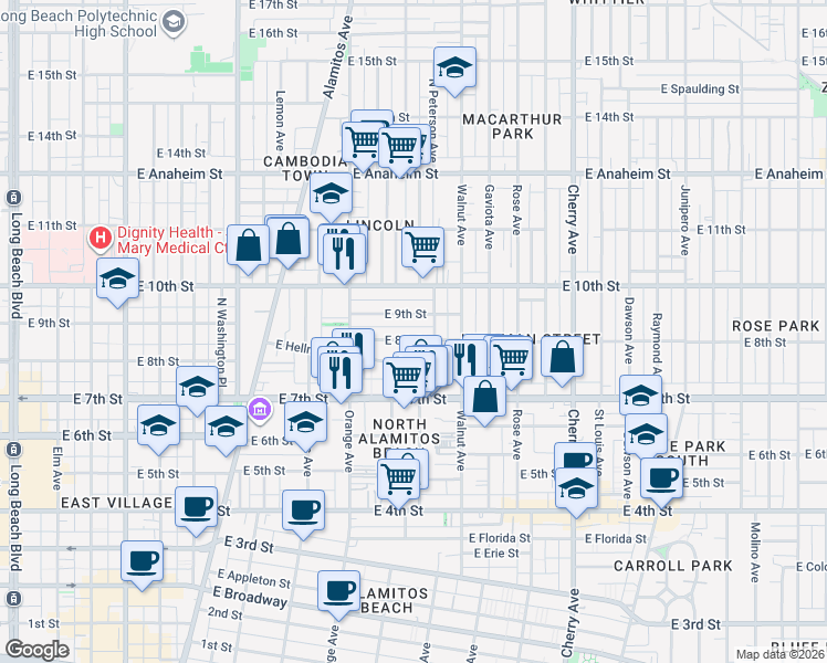 map of restaurants, bars, coffee shops, grocery stores, and more near 1336 East 8th Street in Long Beach