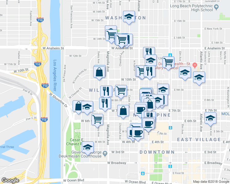 map of restaurants, bars, coffee shops, grocery stores, and more near 429 West 8th Street in Long Beach