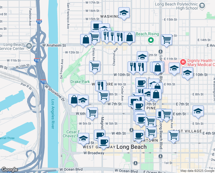 map of restaurants, bars, coffee shops, grocery stores, and more near 429 West 8th Street in Long Beach
