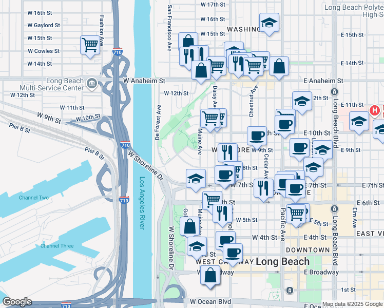 map of restaurants, bars, coffee shops, grocery stores, and more near 743 North Loma Vista Drive in Long Beach