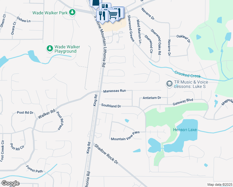 map of restaurants, bars, coffee shops, grocery stores, and more near 5611 Manassas Run in Stone Mountain