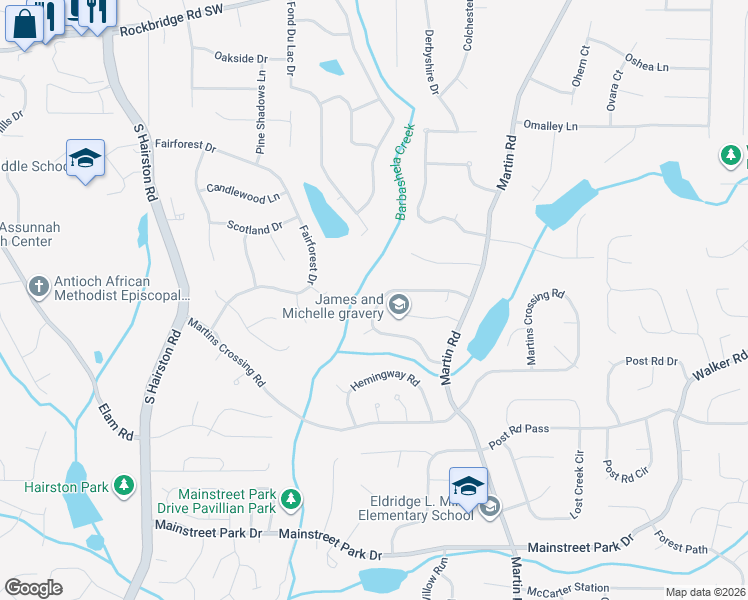 map of restaurants, bars, coffee shops, grocery stores, and more near 5078 Galbraith Circle in Stone Mountain