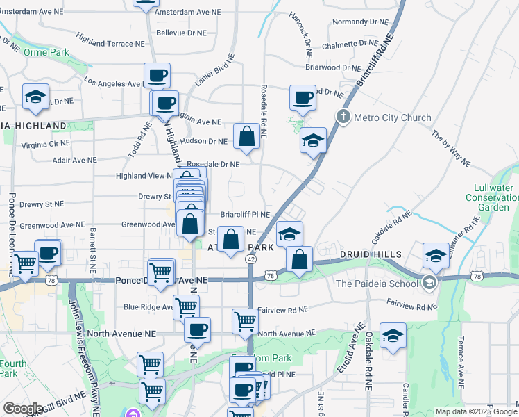 map of restaurants, bars, coffee shops, grocery stores, and more near 1195 Briarcliff Place Northeast in Atlanta