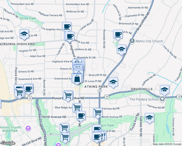 map of restaurants, bars, coffee shops, grocery stores, and more near 1111 Briarcliff Place Northeast in Atlanta