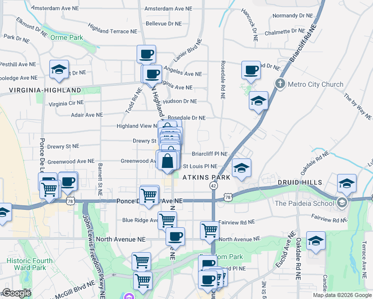 map of restaurants, bars, coffee shops, grocery stores, and more near 1111 Briarcliff Place Northeast in Atlanta