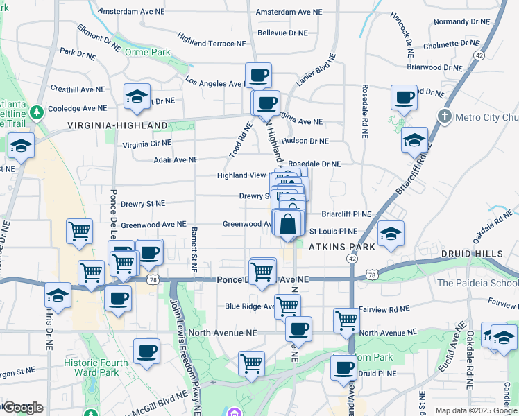 map of restaurants, bars, coffee shops, grocery stores, and more near 1016 Greenwood Avenue Northeast in Atlanta