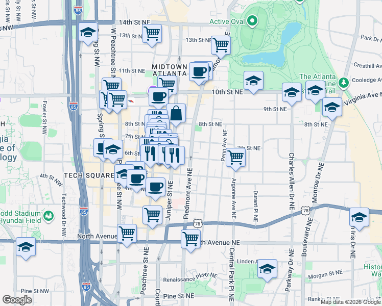 map of restaurants, bars, coffee shops, grocery stores, and more near 821 Piedmont Avenue Northeast in Atlanta