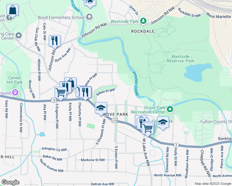 map of restaurants, bars, coffee shops, grocery stores, and more near 817 North Evelyn Place Northwest in Atlanta
