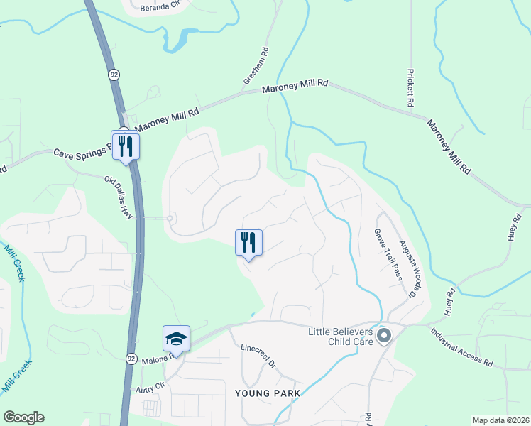 map of restaurants, bars, coffee shops, grocery stores, and more near 7316 Essex Drive in Douglasville