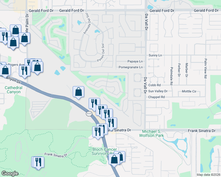 map of restaurants, bars, coffee shops, grocery stores, and more near 535 Cerritos Way in Cathedral City