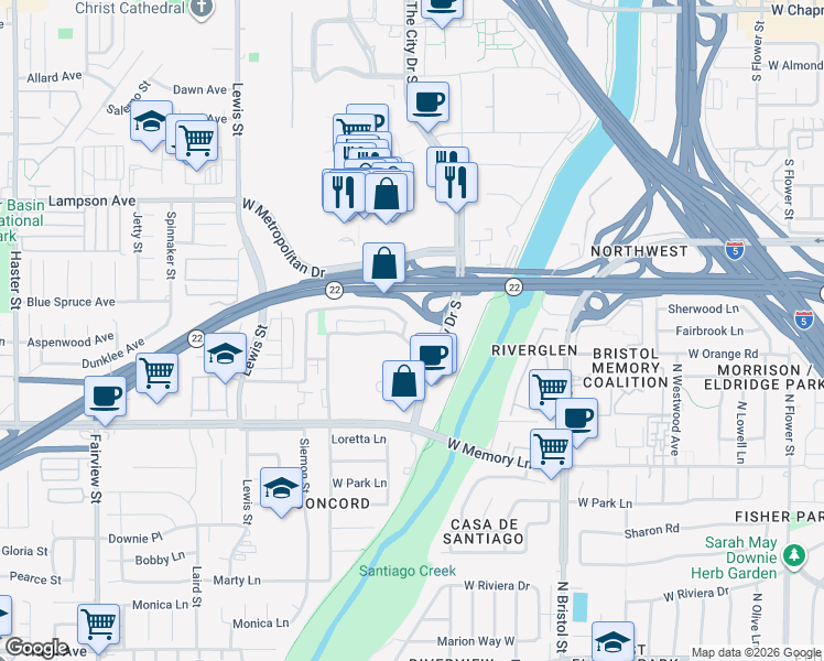 map of restaurants, bars, coffee shops, grocery stores, and more near 3437 West Park Balboa Avenue in Orange