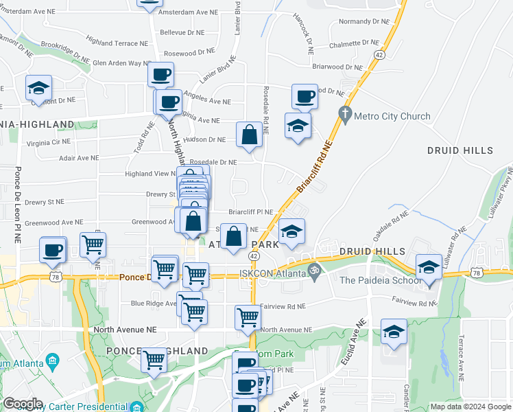 map of restaurants, bars, coffee shops, grocery stores, and more near 1176 Briarcliff Place Northeast in Atlanta