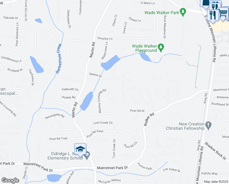 map of restaurants, bars, coffee shops, grocery stores, and more near 5371 Martins Crossing Road in Stone Mountain